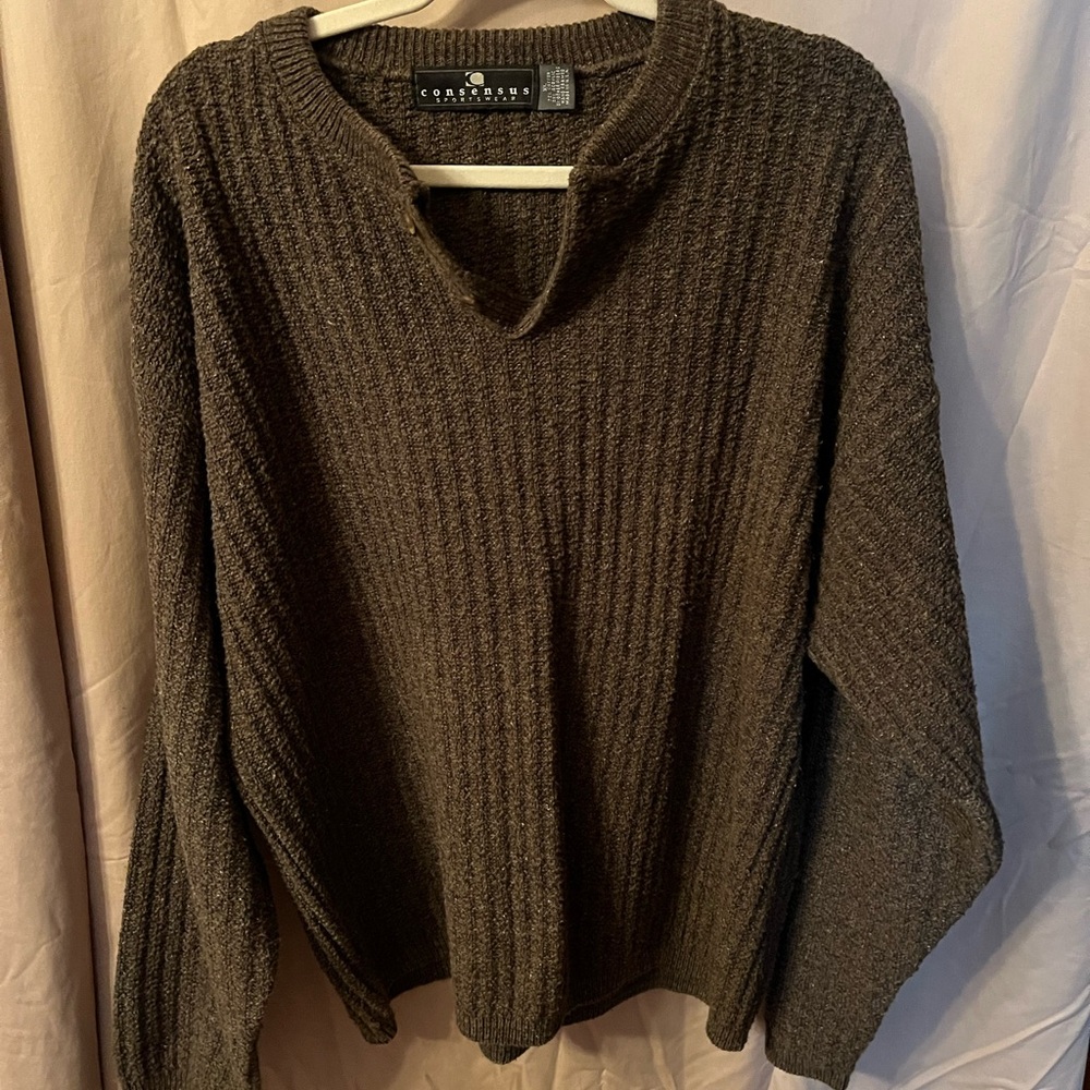 Vintage Brown Crewneck Sweater with Ribbed Knit long Sleeved Pullover Henley